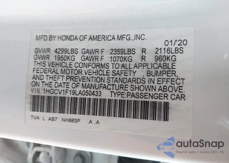 2020 Honda Accord Lx z USA, uszkodzony, nr VIN 1HGCV1F19LA050433